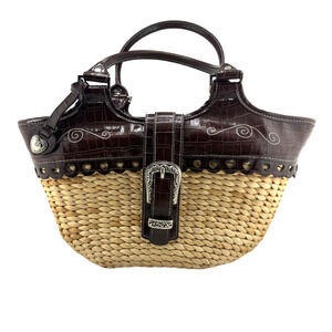 Straw Tote Handbag Heart Accents‎ Silver Buckle